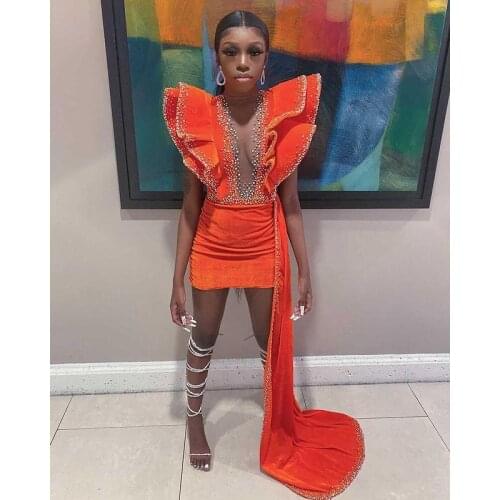 Sexy Yellow Velvet Short Prom Dresses For Black Girl Sparkly Beaded Plus Size Formal Evening Occasion Gowns Vestidos De Novia