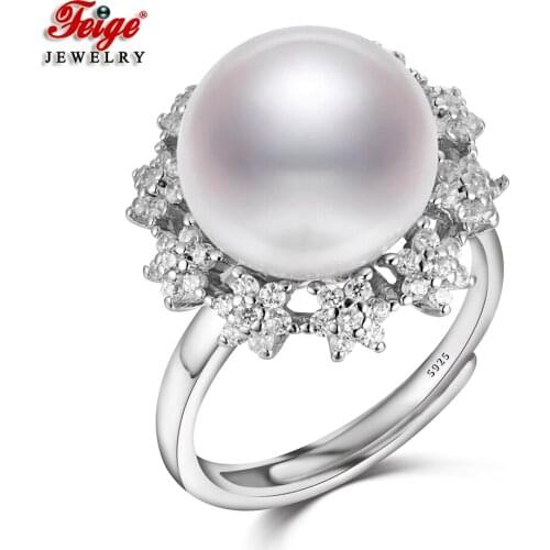 2 Colors Genuine 925 Sterling Silver Big Natural Freshwater Cultured Pearl Rings for Women Gift Pearl Ring Wedding Jewelry FEIGE