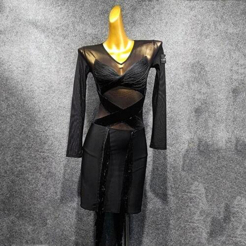 2020 New Long Sleeve V neck Latin Dance Dress Dancing Performance Women Dress Ballroom Samba Tango W451
