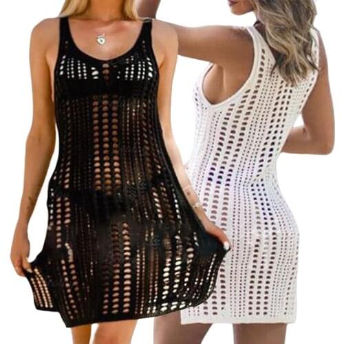 Womens Hollow Out Beach Dress, Sexy V Neck Sleeveless Crochet Swimsuit Cover Up Dress New Style 2021
