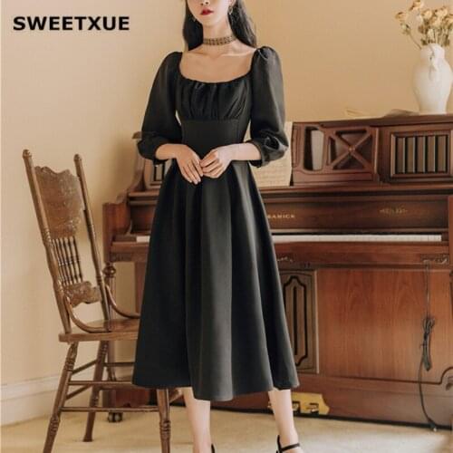 SWEETXUE Vintage black dress Sexy Square Collar Puff Sleeve Black Pleated High Waist Comfort Elegant Club Fashion Women Dresses