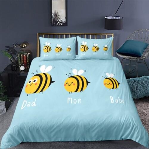 Cartoon Bee Print Bedding Sets 2/3Pcs Comfortable Kids Duvet Cover Pillowcase Cute Blue Home Decor Bedcolthes