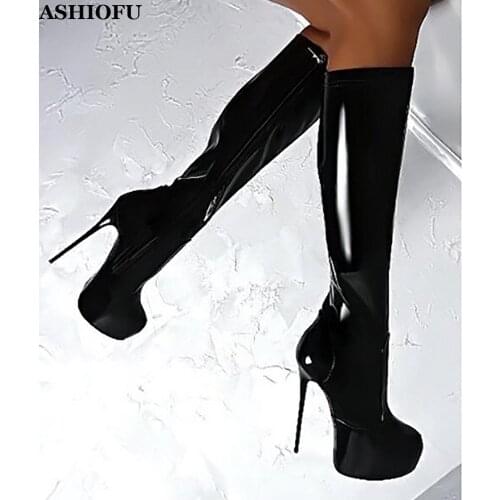 ASHIOFU Handmade Classic Ladies High Heel Boots Sexy Club Dance Party Knee Boots Platform Winter Evening Fashion Boots Shoes