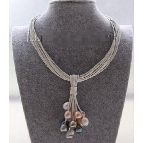 Free shipping > >>>Choker 16" 15row 14mm black pink gray pink pearls white leather necklace j9544 6.07 6.8 6.09