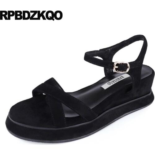 Open toe suede fashion black genuine leather platform wedge sandals summer ladies casual shoes elegant slingback women strap