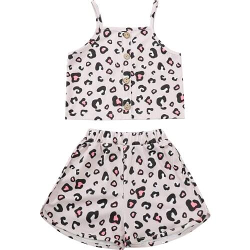 Children Leopard Print Clothes Set Girls Sleeveless Square Collar Cropped Tops Elastic Waist Shorts