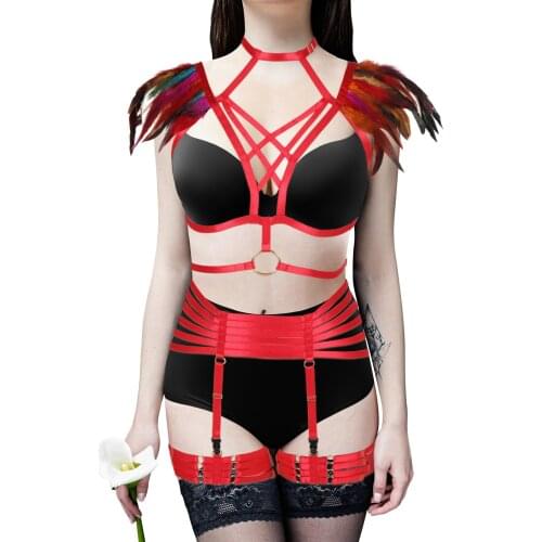 Women Gothic Feather Bondage Body Harness Straps Set Stockings Garter Belt Cage Bra Fetish Sexy BDSM Lingerie Dance Costume Wear