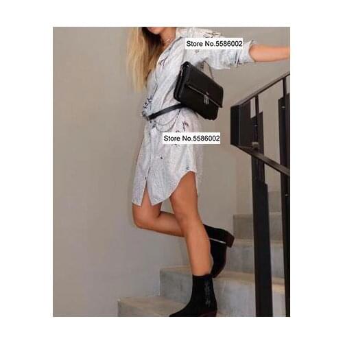 Elfstyle Womens Paisley Letters Printed Silk Shirt Collar Dress With Pocket Long Sleeved Buttoned Cuffs Fashion Short dress