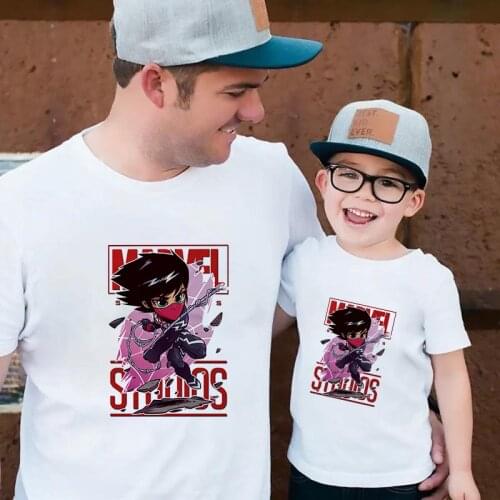 Superhero Marvel Cartoon Print T Shirt Short Sleeve Family Matching Clothes Summer Tshirts Father Son Kids O-neck Tee Tops