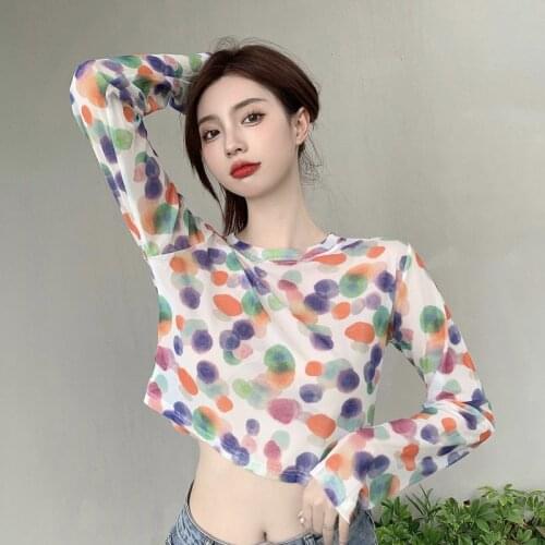 Printed T-shirt Women Summer Thin Retro Round Neck Long-sleeved Sunscreen Shirt New Wild Loose Short Top