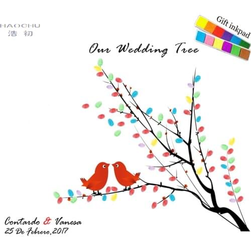 HAOCHU Canvas Wedding Birthday Guest Book For Fingerprint Signature Creative DIY Painting Love Birds Kiss Tree Home Decor Poster