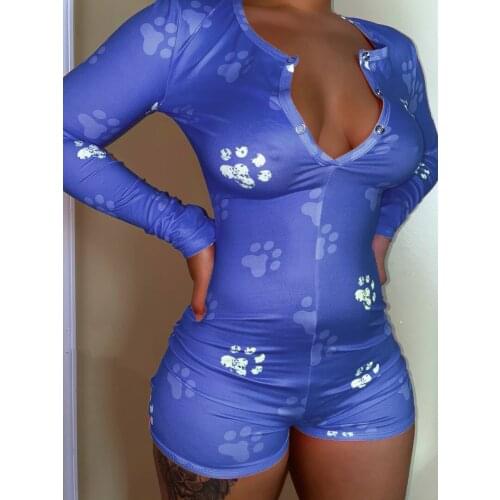 Dog Paw V-neck Long Sleeve Jumpsuit Women Sexy Long Sleeve Rompers Winter Fall Skinny Bodysuits Female Club One Peice Spandex