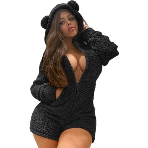 Winter Teddy Ear Cute Sleepwear Onesies Women Sexy Ladies Plush Thickened Kawaii Hooded Pajamas Homewear Warm Jumpsuit Nightgown