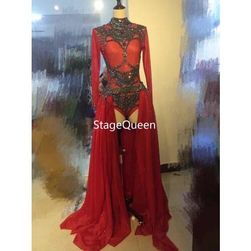 Red Halloween Outfit Bodysuit Long Skirt Clothing Set Female Singer Party Show Shining Wear Stage Rhinestone Costume DS DJ