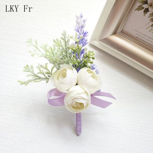 LKY Fr Wedding Boutonniere Pin White Silk Rose Wrist Corsage Bracelet Bridesmaid Flower Groom Brooch Marriage Cuff Wrist Corsage