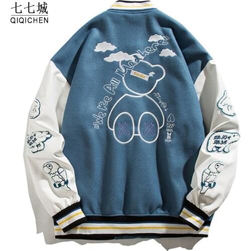 Hip Hop Baseball Varsity Jacket Men Street Bear EmbroideryJapanese Casual Loose Bomber Coat Japanese Casual Loose Bomber Coats
