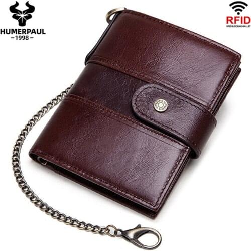 Mens RFID Theft Protection Wallet Genuine Leather Hasp Vintage Chain Wallets Casual Coin Purse Card Holder Cash Clip Leisure