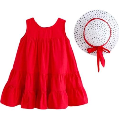 Baby Girls Solid Color Sleeveless Dress With Straw Hat Loose Summer Outfits Casual Sundress