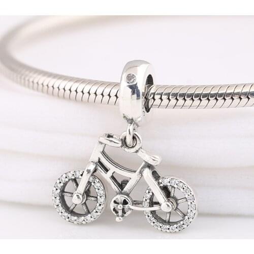 Authentic S925 Bead Brilliant Bicycle With Crystal Dangle Charm for Women Bracelet Bangle DIY Jewelry