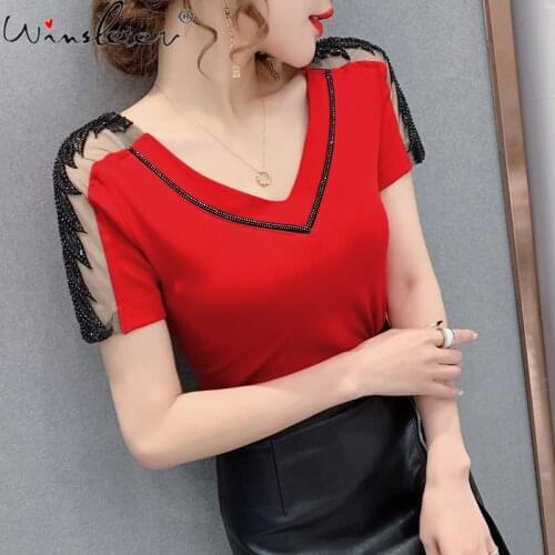 Spring Summer Cotton T-Shirt Girls Fashion All Match Sexy V-Neck Women Tops Short Sleeve Spliced Shiny Diamonds Tees New T12924A