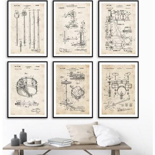 Nordic Vintage Poster Drum Kit Patent Drawings Wall Art Print Canvas Painting Drummer Decoration Pictures For Living Music Room
