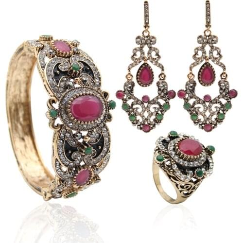 Special Offer Turkish Vintage Jewelry Sets 3 Pcs Women Bangle Bracelet Cuff Long Hook Dangle Earring Round Resin Antique Ring