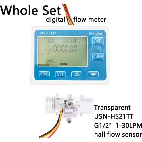 US211M Digital Flow Meter Totalizer Flow Measurement with Nylon Water Flow Sensor USN-HS21TT G1/2" Turbine Flowmeter iSentro