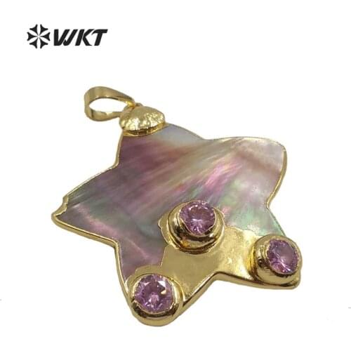 WT-JP205 Amazing gold bohemian style Natural vintage hand carved pink shell star pendant women jewelry pendant fashion pedant
