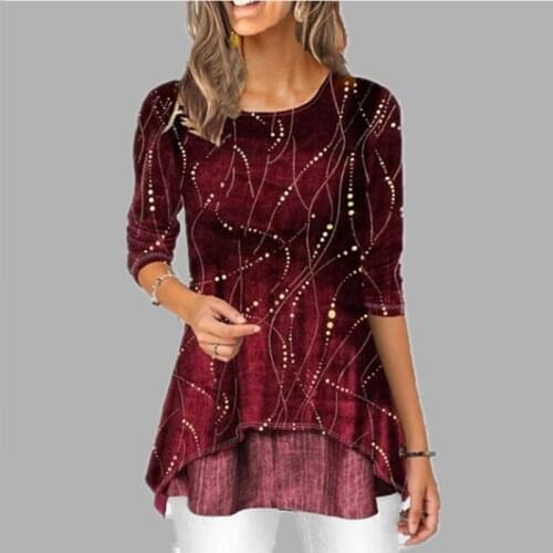 Irregular Hem Women Blouses Tunic Print O-Neck 3/4 Sleeve Female Tops 2020 Spring Summer Casual Ladies Blouse Plus Size 5XL