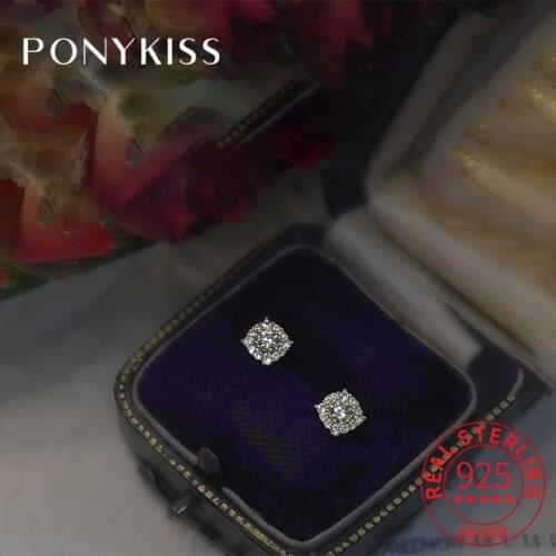 PONYKISS Real 925 Sterling Silver Square Zircon 14K Gold Stud Earrings For Women Vintage Fine Jewlry Lovely Gifts Drop Shipping