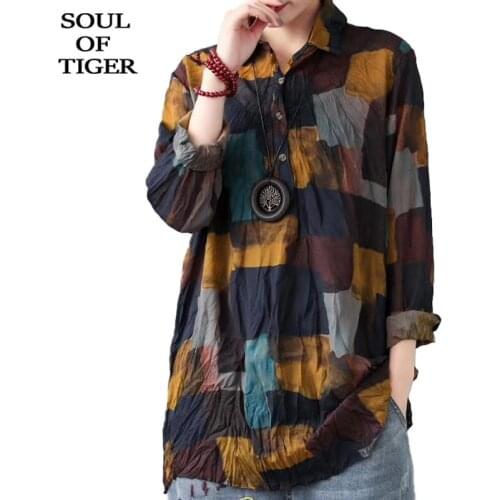 SOUL OF TIGER 2020 Korean Fashion Ladies Vintage Shirts Womens Casual Chiffon Tops Female Printed Oversized Blouses Streetwear