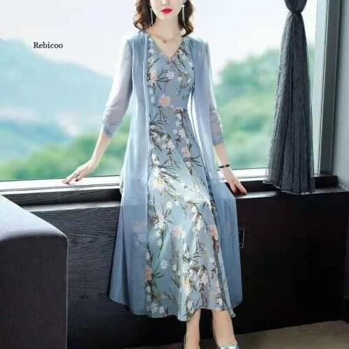 Dress Suit Womens Fashion Summer Chiffon Cardigan And Printed Chiffon Long Dress Two Piece Set Spring Mother Dress
