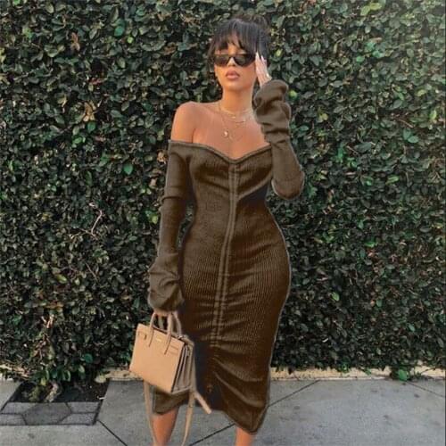 Front Drawstring Sexy Bandage Women Dress Slash Neck Long Flare Sleeve Club Party Autumn Winter Off Shoulder Dress