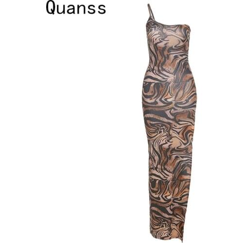 Quanss Tiger Print One Shoulder Sexy Long Dress For Women Summer 2021 High Split Strapless Club Party Maxi Dresses Ladies Y2k