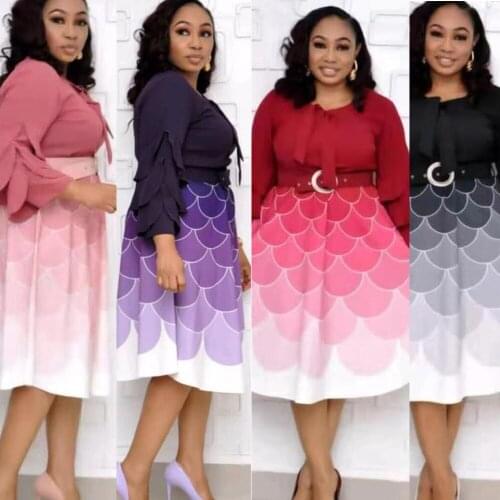 Autumn and winter models petal sleeves printed ladies retro dress L XL 2XL 3XL large size African dress gradient party elegant d