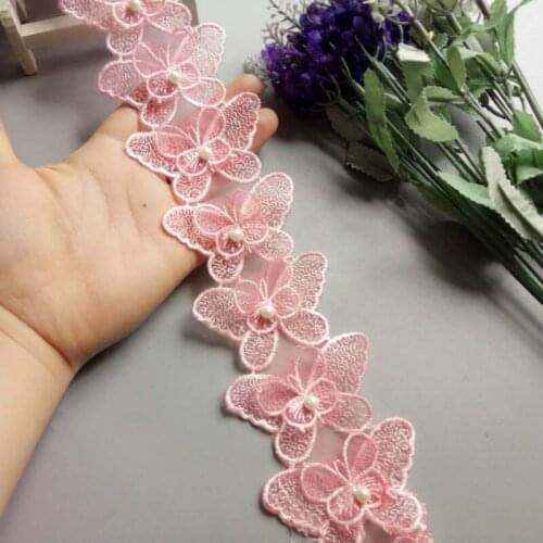 1 yard Pink Butterfly Bowknot Pearl Embroidered Lace Trim Fabric Lace Ribbon Handmade DIY Sewing Craft For Costume Decoration