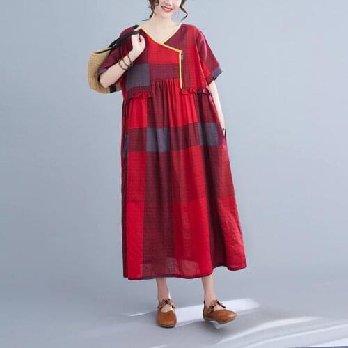 2021 Fashion V-Neck Plaid Dress Cotton Short Sleeve Loose Summer Dress Women Long Plus Size Holiday Casual Dress
