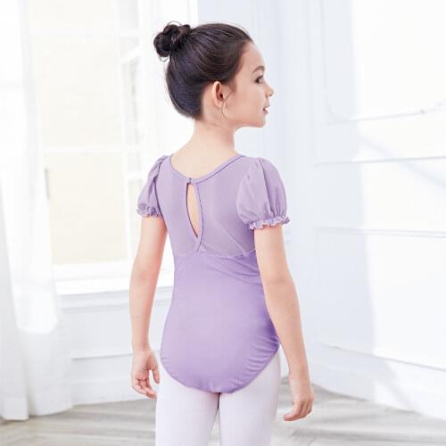 Kids Girls Ballet Leotards Puff Sleeve Gymnastics Leotards Mesh Splice Ballet Dance Wear Overall Ballet Bodysuit Dance Costumes