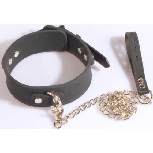 Black silicone slave restraint collar with metal chain, slaves and masters cosplay sex collar, latex sex collar adult sex toys