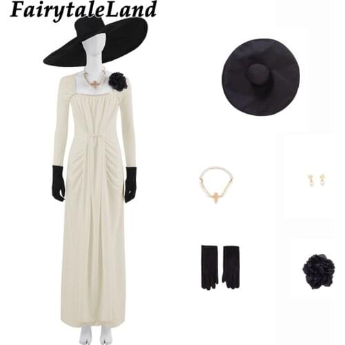 Game RE 8 Village Cosplay Costume Alcina Dimitrescu White Dress With Hat Fancy Halloween Christmas Clothes