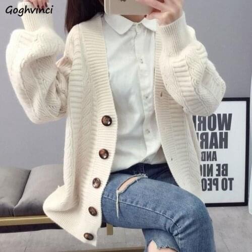 Cardigan Women Winter Sweater Solid Single Breasted Rhombus Knitted Jumpers Korean Style Preppy Trendy Casual Loose Autumn Daily