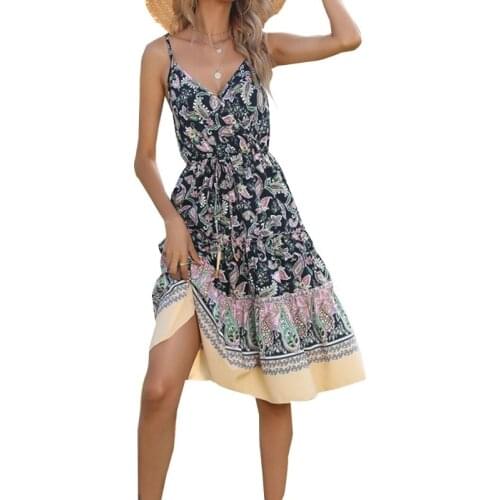 Summer 2021 Women Sexy V-Neck Party Dresses Sling Printing Casual Sandy Beach Mini Dress Ladies slim Sleeveless Floral Sundress