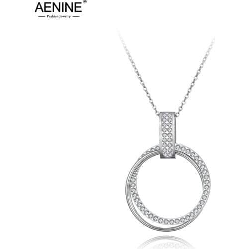 AENINE New Pave Setting Rhinestone Double Circle Pendant Necklaces For Women Stainless Steel Wedding Necklace Jewelry AN19071