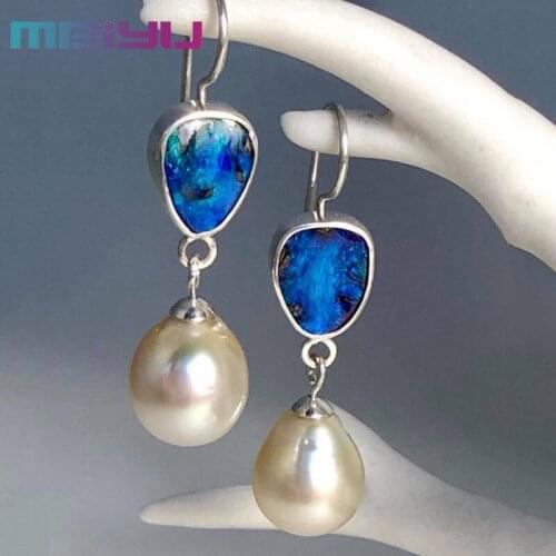 Fashion Long Dangle Earrings Antique Style Ocean Blue Opal and Pearl Geometric Drop Earrings For Women Accessories Jewelry Gift