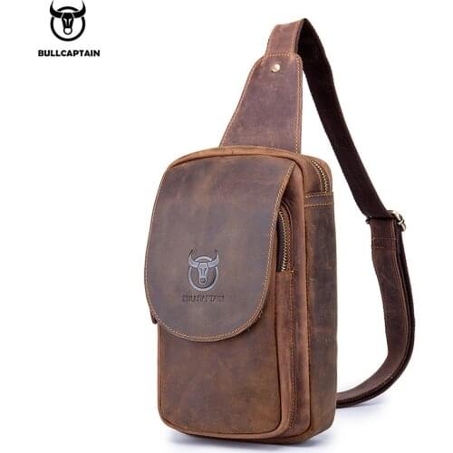 BULLCAPTAIN Mens Leather Retro Chest Bag Crazy Horse Leather Crossbody Bag Outdoor Sports Leisure Multifunctional Bag