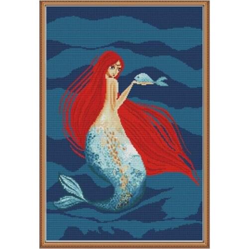 Red-haired mermaid cross stitch kit aida 14ct 11ct count print canvas stitches embroidery DIY handmade needlework