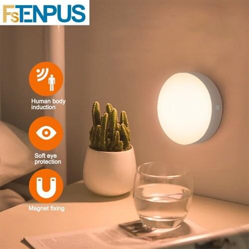 Fstenpus 6 LED PIR Motion Sensor Night Light Auto On/Off for Bedroom Cabinet Wireless USB Rechargeable Warm White/White Light