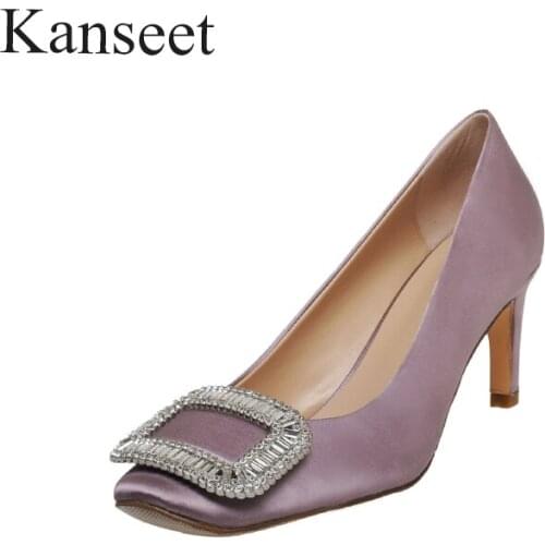 Kanseet 2021 New Women Pumps Spring Autumn Fashion Design Crystal Buckle Decoration Handmade Round Toe High Heels
