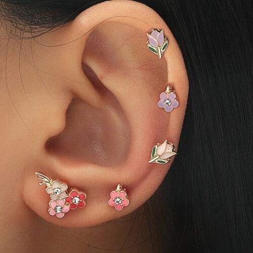 Kymyad 5pcs/Set Earrings Enamel Flower Stud Earrings For Women Bijoux Simple Earings Fashion Jewelry Cute Geometric Earring