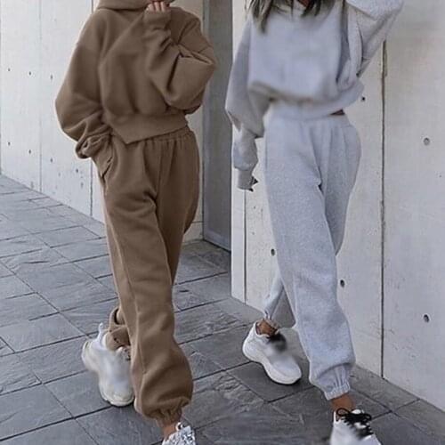 Womens Jogger Tracksuit Solid Cropped Hoodie Set Drawstring Long Sleeve Hooded Female Sport Pants Suit Autumn Casual Streetwear